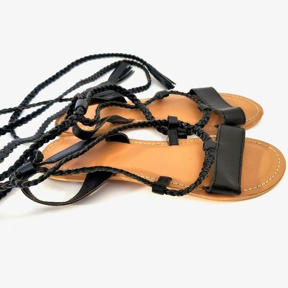 Asos Flat Black Braided Lace Up Sandals Size 6 Strappy Boho Bohemian Festival - Picture 7 of 12